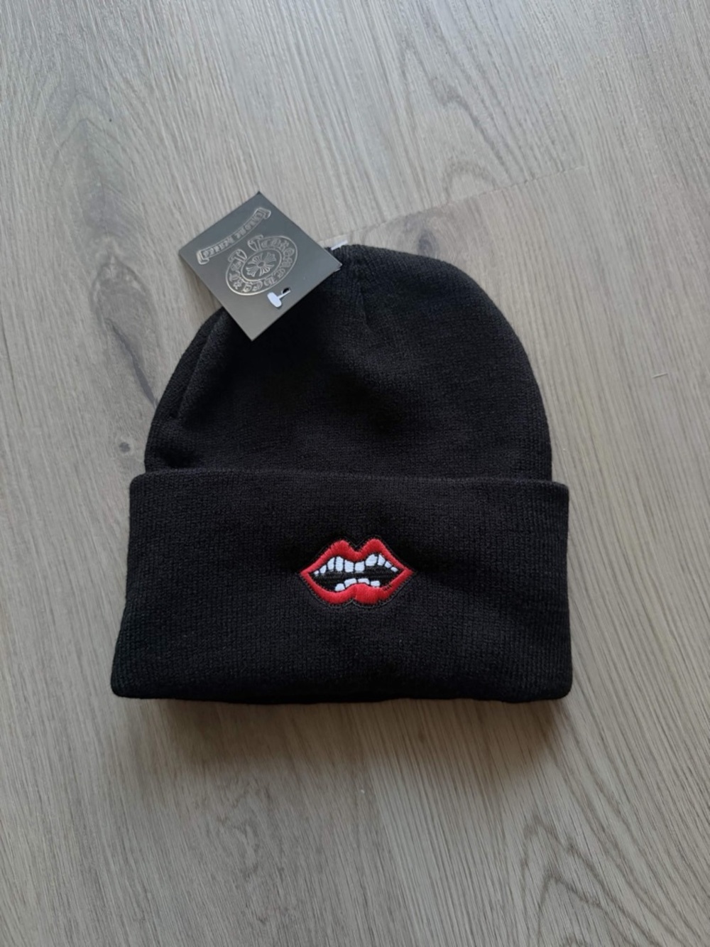 Chrome Hearts Black Knit Beanie with Red Lip Embroidery - Men's Accessory